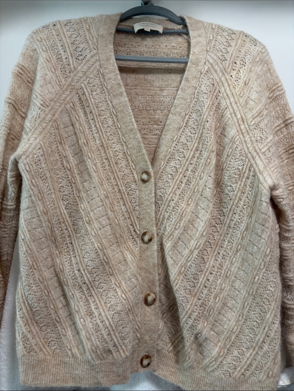 Sezane Cream Cable & Lace Knit Button Cardigan